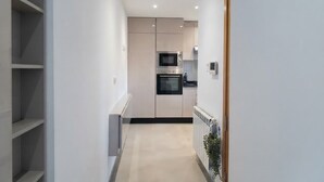 A modern kitchen with built-in appliances, a countertop, and a plant. - Sandra 13 (Marsa)