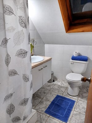 Un baño con inodoro blanco, un lavabo con encimera de madera, una alfombrilla de baño azul y una cortina de ducha con estampado de hojas.