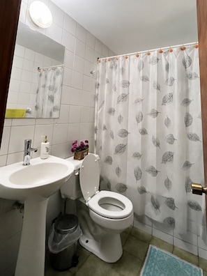A bathroom with a toilet, sink, and mirror.
