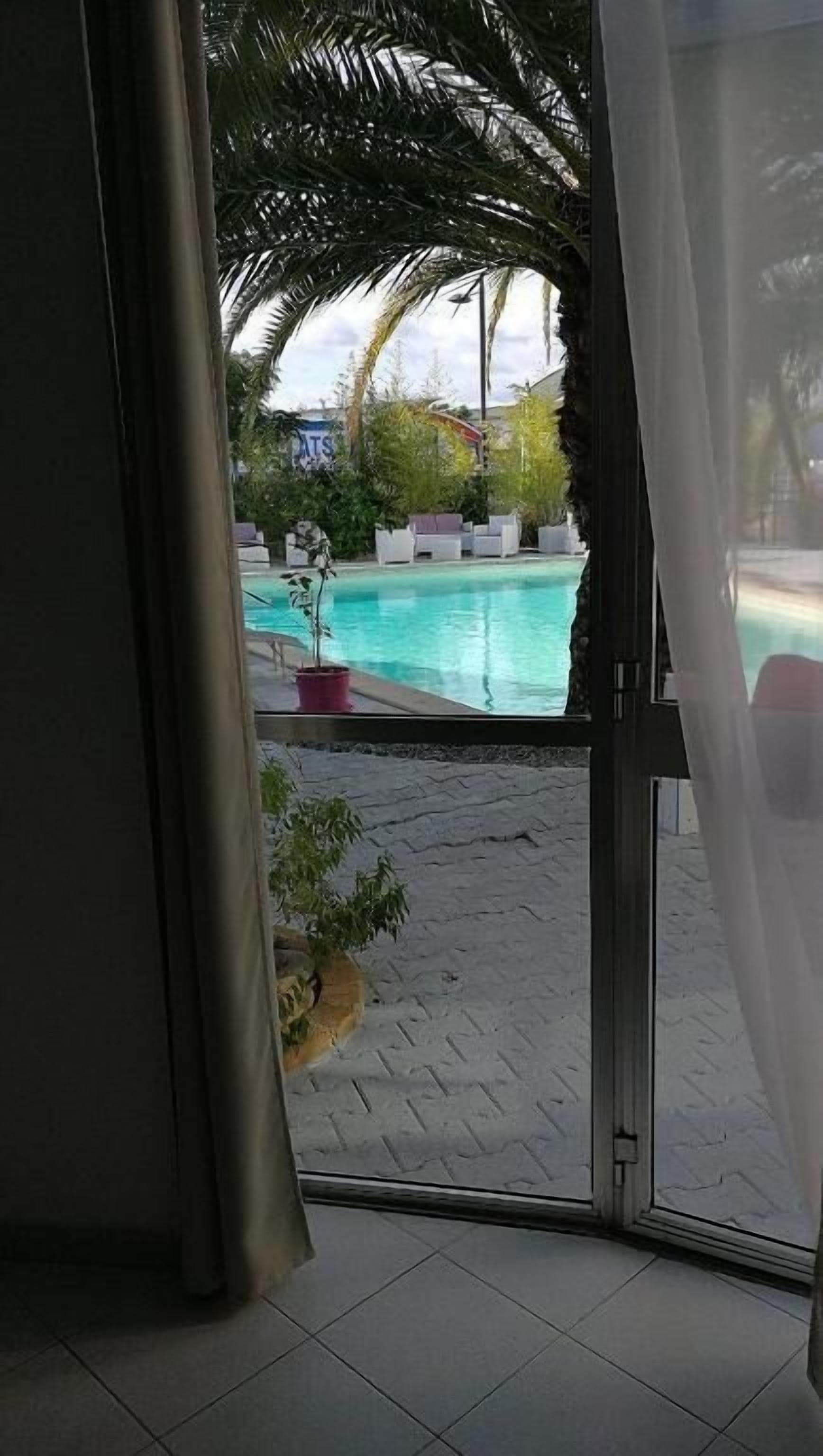 On aperçoit, à travers une porte vitrée, un espace piscine agrémenté de plantes en pot et d’un chemin en briques.