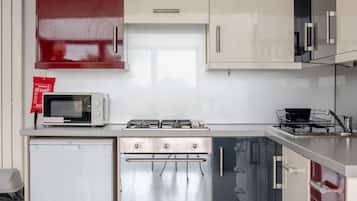 Une cuisine compacte équipée d’un four à micro-ondes, d’une cuisinière et d’un four traditionnel.