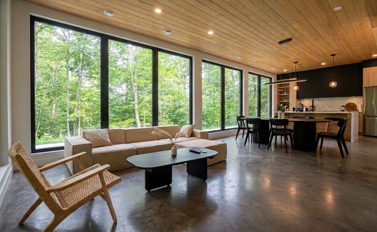 A modern living space with a large window, a sofa, a coffee table, and a dining area.