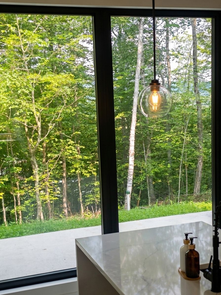 A room with a large window overlooking a forest, a marble countertop, and a hanging light fixture.