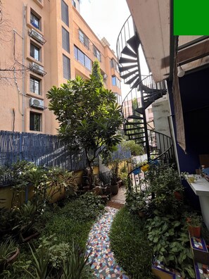 A narrow pathway with potted plants and a spiral staircase.