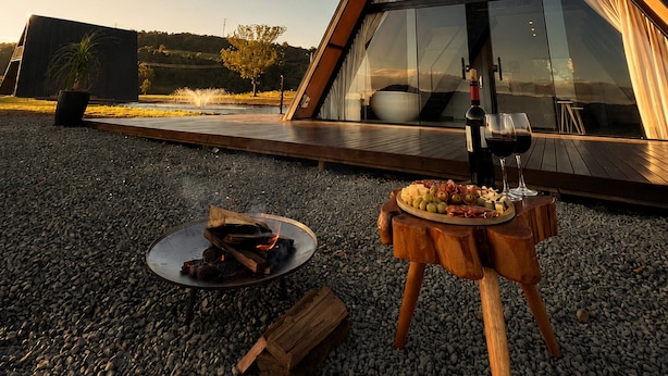 A modern building with a triangular glass facade, a fire pit with wood, and a table with food and drinks. - Chalé Refúgio (Cordilheira Alta)