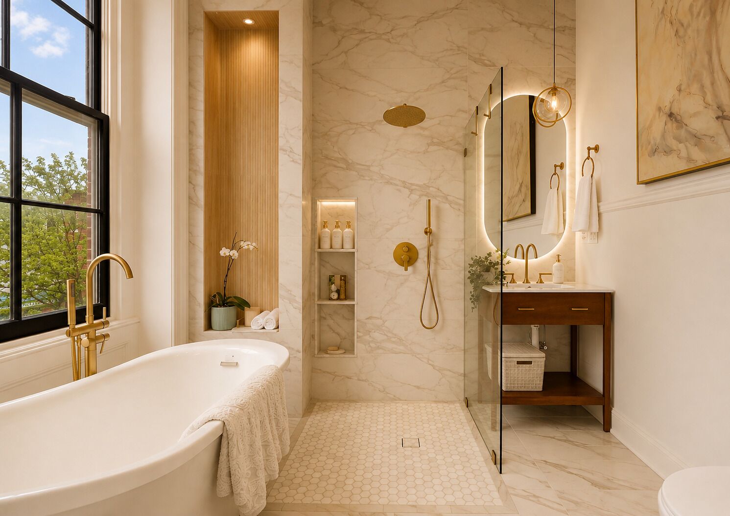 Een moderne badkamer met een vrijstaand bad, een douche met glazen wanden en een wastafel met spiegel.