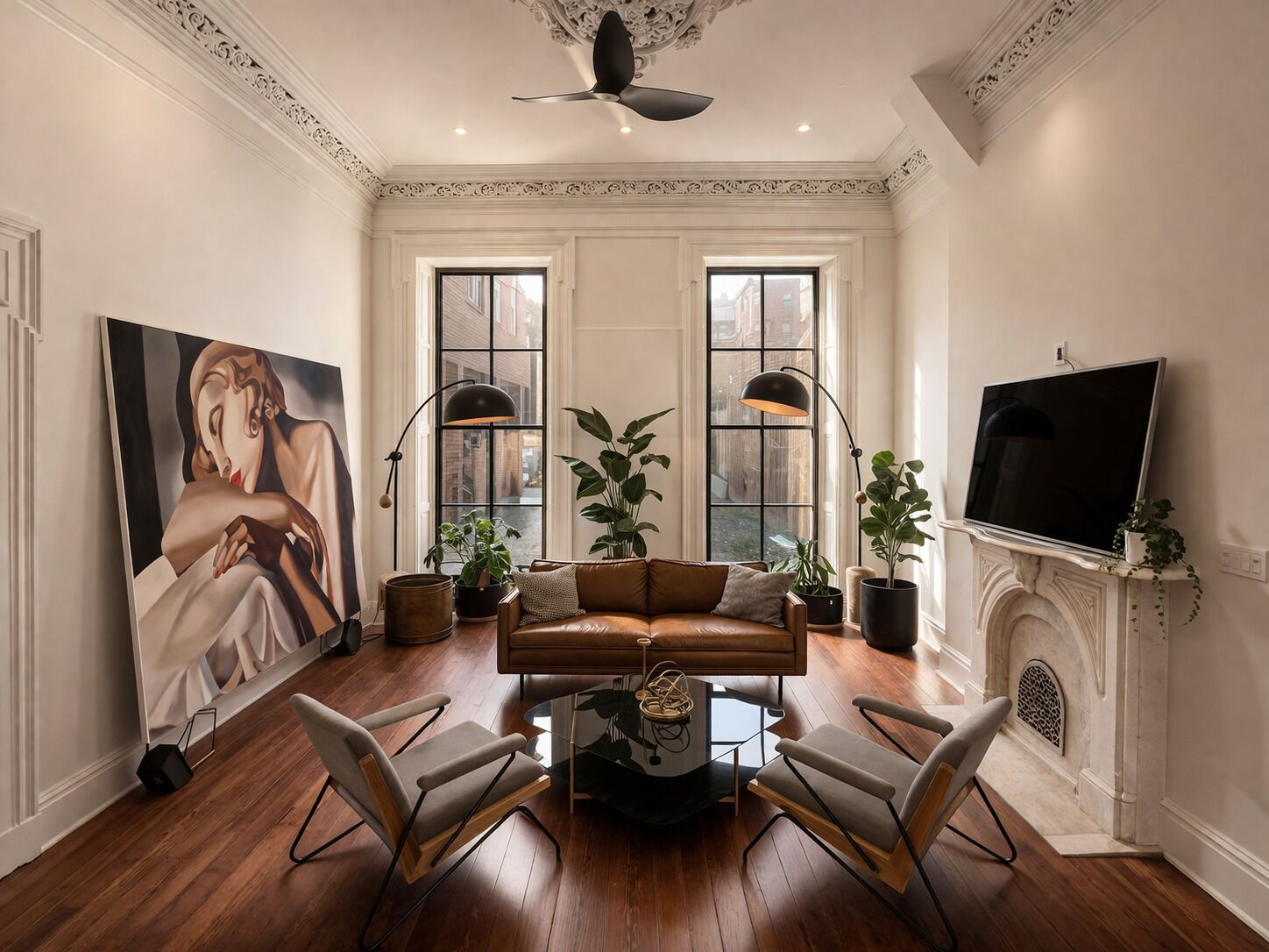 Un salon avec une cheminée, un grand tableau et deux lampadaires.
