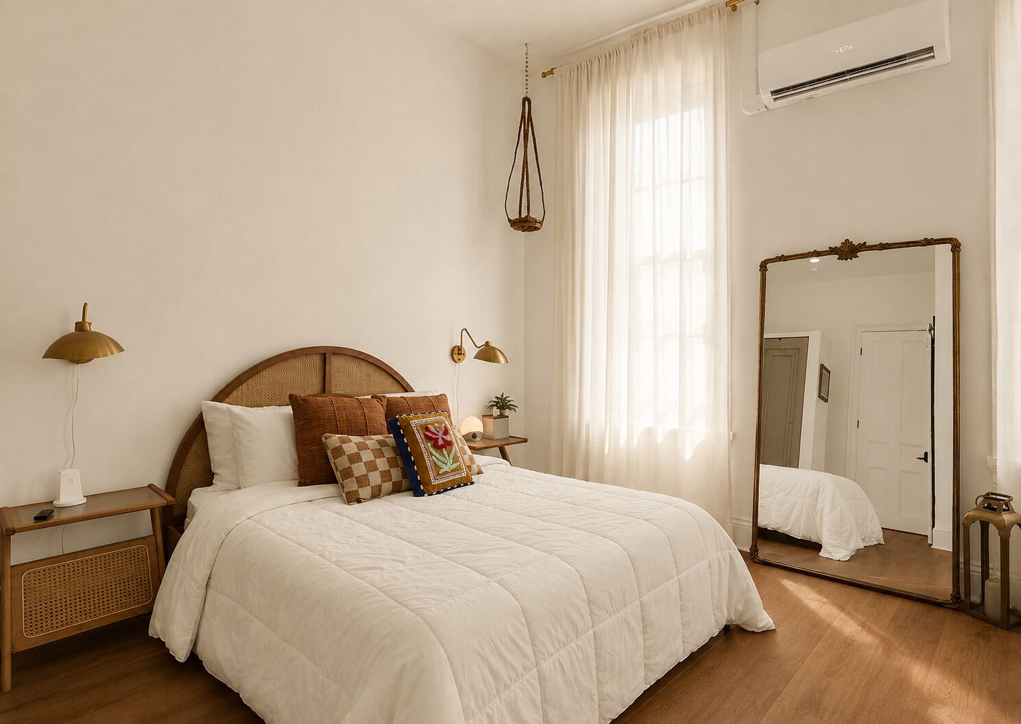 A bedroom with a large bed, bedside lamps, a mirror, and a window with sheer curtains.