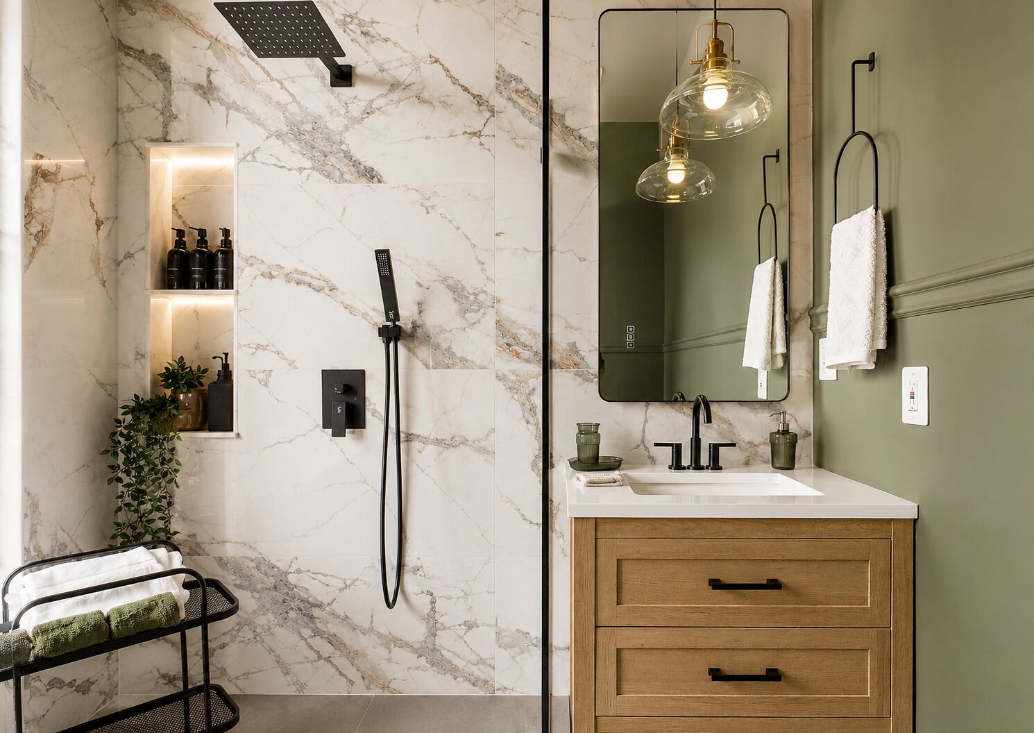 A bathroom with a marble wall, a shower, a sink with a mirror, and a towel rack.