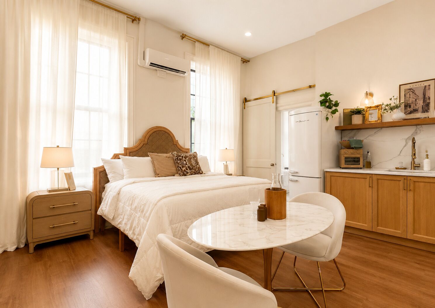 A hotel room with a bed, bedside tables, a round dining table, chairs, a kitchen area, and a window with curtains.