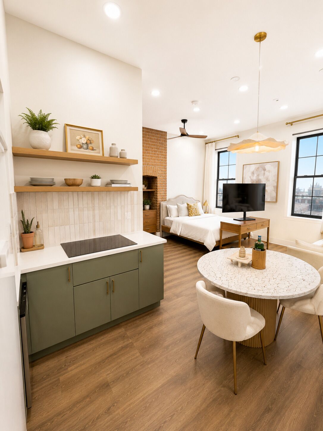 A modern kitchen with a central island, a dining area with a round table, and a bedroom with a large window.