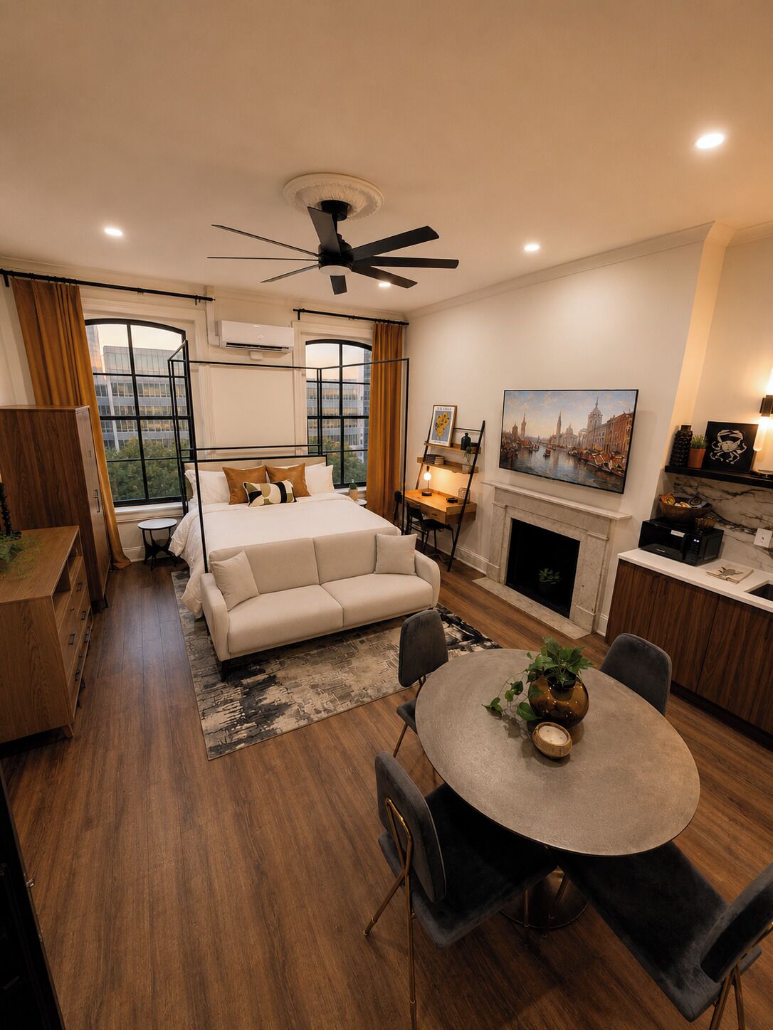 A modern bedroom with a bed, bedside table, and a view of the cityscape through large windows.