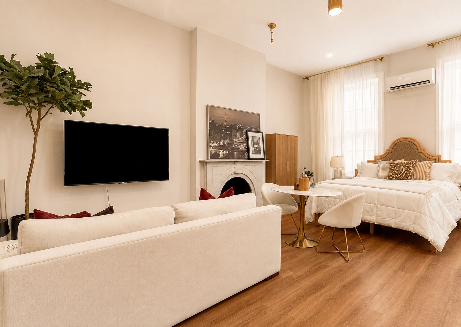 A hotel room with a sofa, a bed, a television, a fireplace, and a dining table.