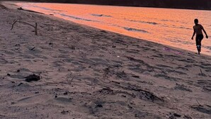 A beach with a person walking along the shore during sunset. - CABAÑA LA JULIANA (Neguanje)