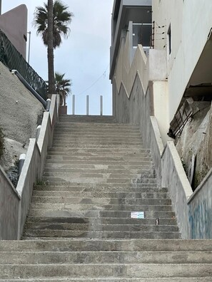 A staircase leading up to a building with a palm tree in the background. - Private terrace with spectacular ocean views and beautiful sunrises (Tijuana)