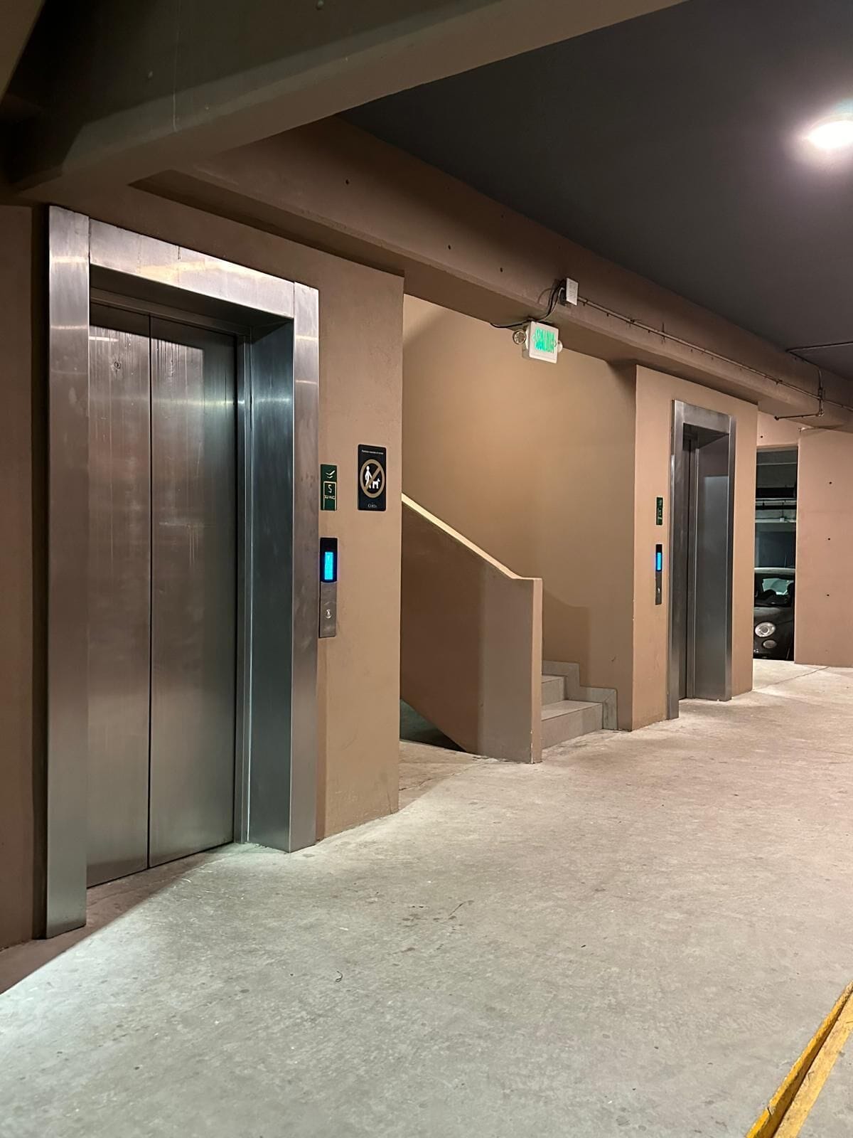 Un espace d’ascenseur doté de portes métalliques, d’une main courante et d’un escalier menant à un autre ascenseur.
