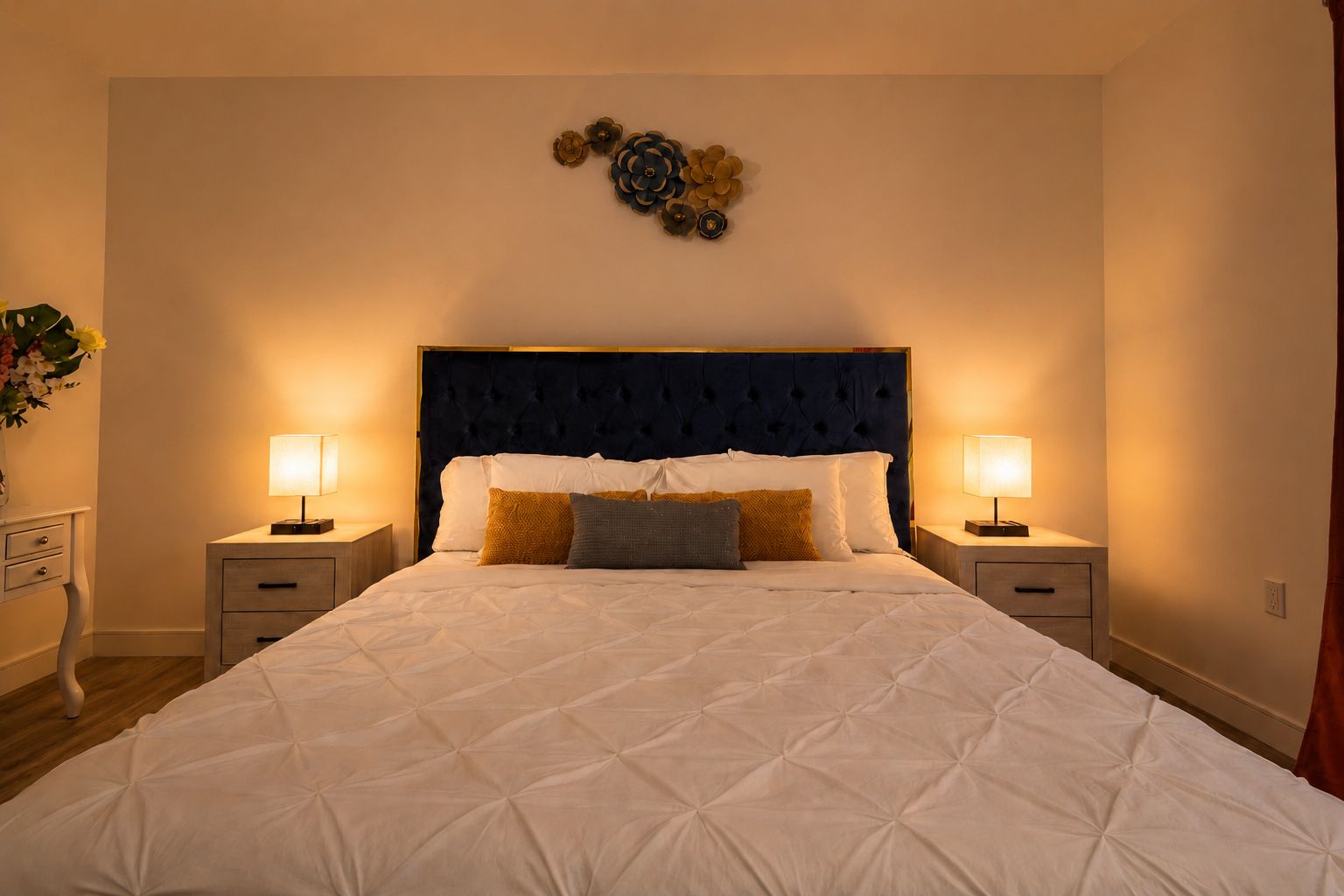 A neatly made bed with a dark headboard, two bedside tables with lamps, and a wall decoration above the bed.