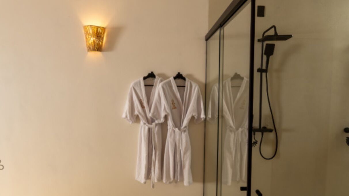 A bathroom with a glass shower enclosure, a wall-mounted light fixture, and two white robes hanging on hooks.
