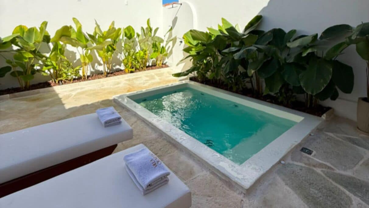 Ein Swimmingpool mit einer Steindeck, umgeben von Pflanzen und zwei weißen Liegestühlen mit Handtüchern.
