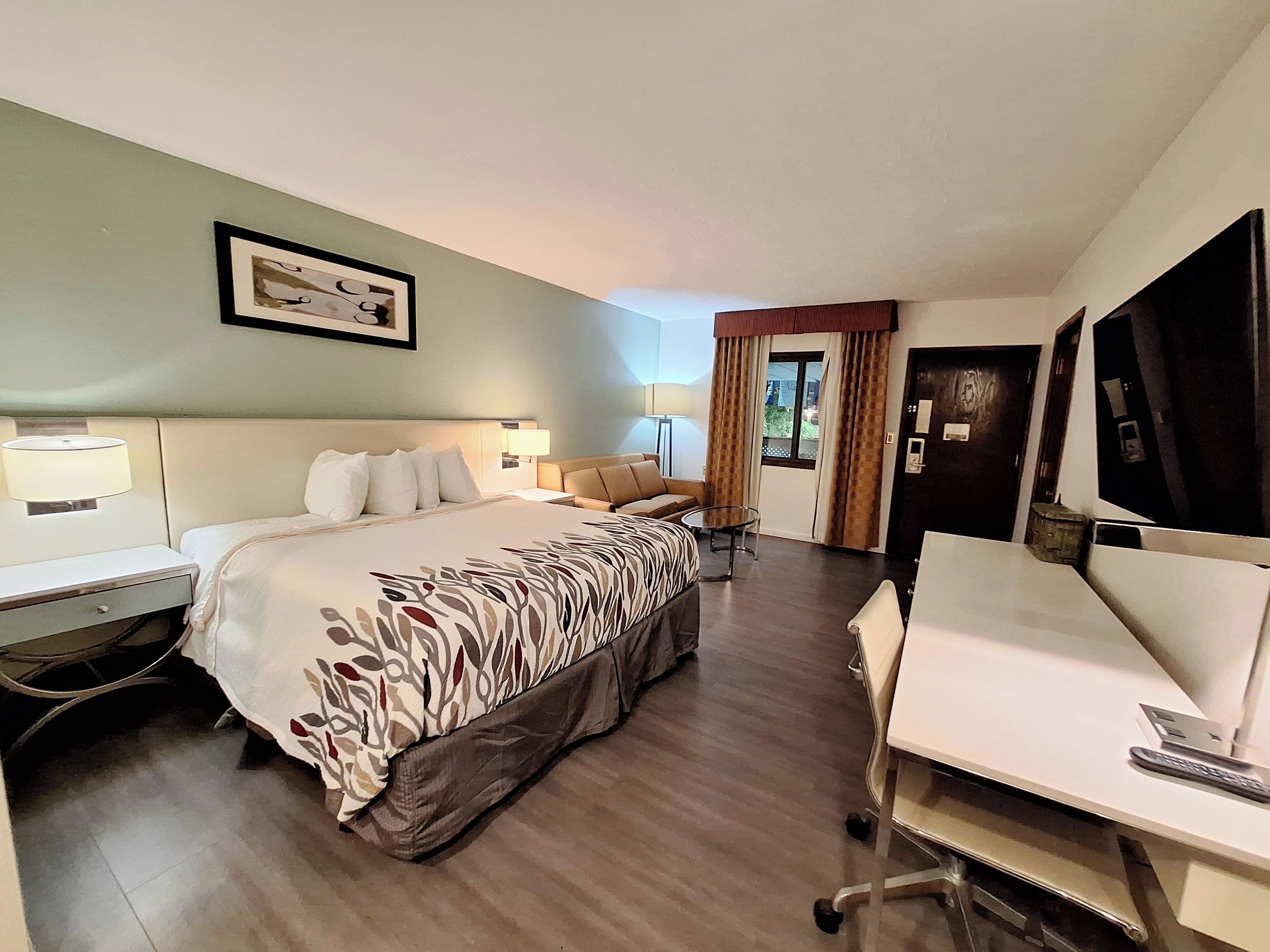 Una camera d'albergo con un letto, una scrivania, una sedia, una lampada e una televisione.