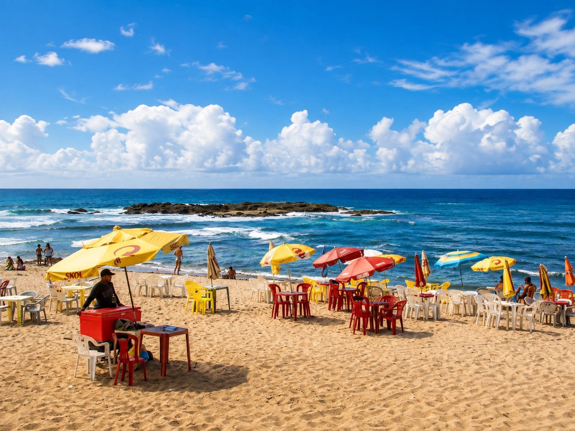 Ein Strand mit Tischen und Stühlen unter Sonnenschirmen, eine felsige Küstenlinie und das Meer im Hintergrund.