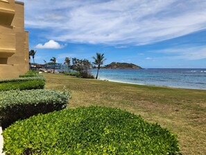 A beachfront property with a well-maintained lawn, palm trees, and a view of the ocean. - Spacious Dawn Beach 3-bedroom condo in delightful Upper Prince's Quarter (Upper Prince's Quarter)