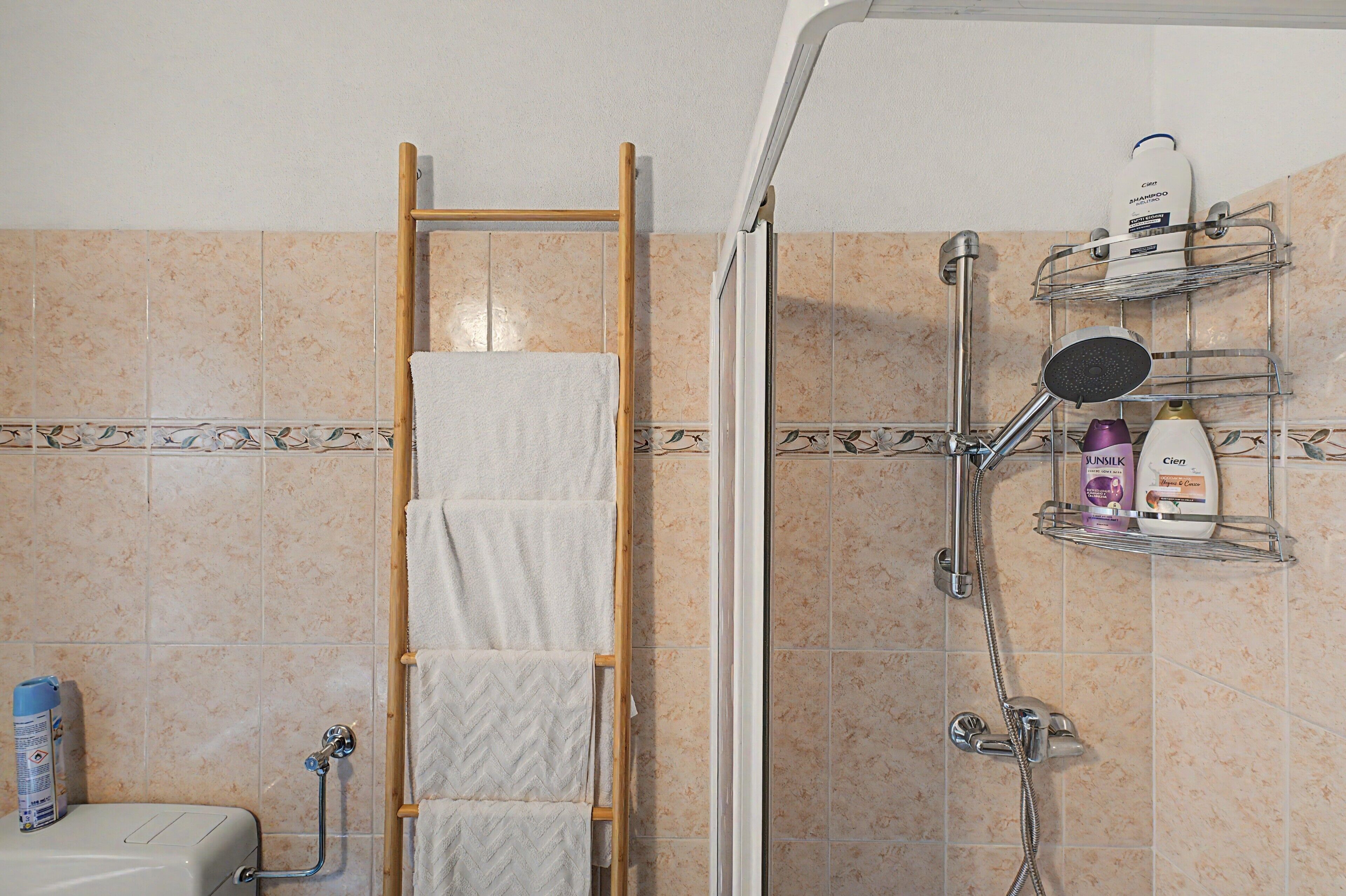 Un espace douche doté d’une porte en verre, d’un porte-serviettes avec une serviette pliée, d’un pommeau de douche et d’une étagère contenant des articles de toilette.