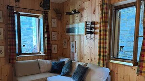 A cozy cabin interior with a sofa, a wooden dining table, and a rug.