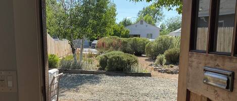 A paved pathway leading to a landscaped area with shrubs and a gravel section.