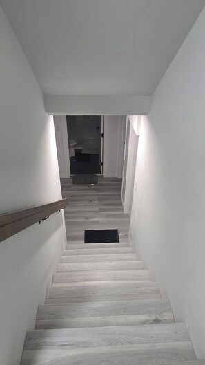 Una scala con corrimano in legno, gradini rivestiti di tappeto e un tappetino nero in fondo.