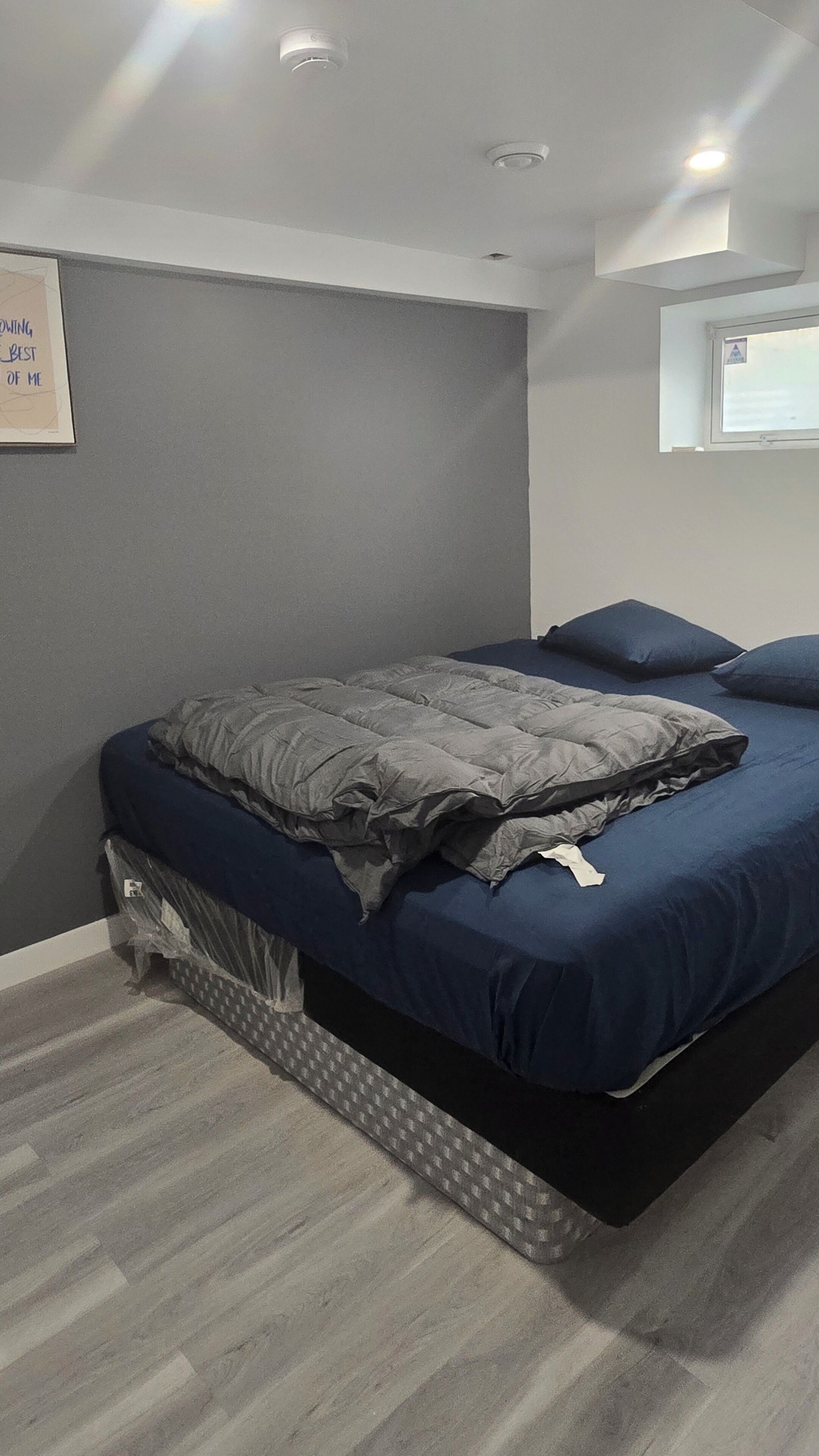 Une chambre à coucher avec un lit, des murs gris, une fenêtre et un luminaire au plafond.