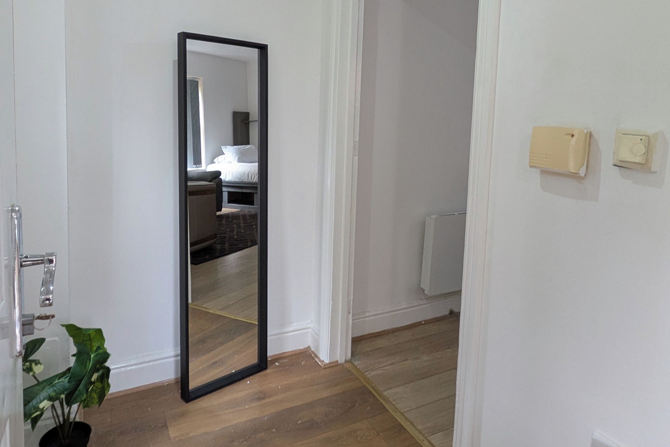 A hallway with a wooden floor, a door with a mirror, and a plant.