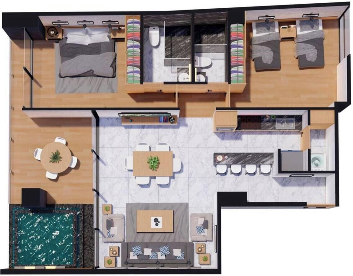 A floor plan of a hotel room with a bed, a small kitchenette, a dining area, a seating area with a table and chairs, and a small pool.