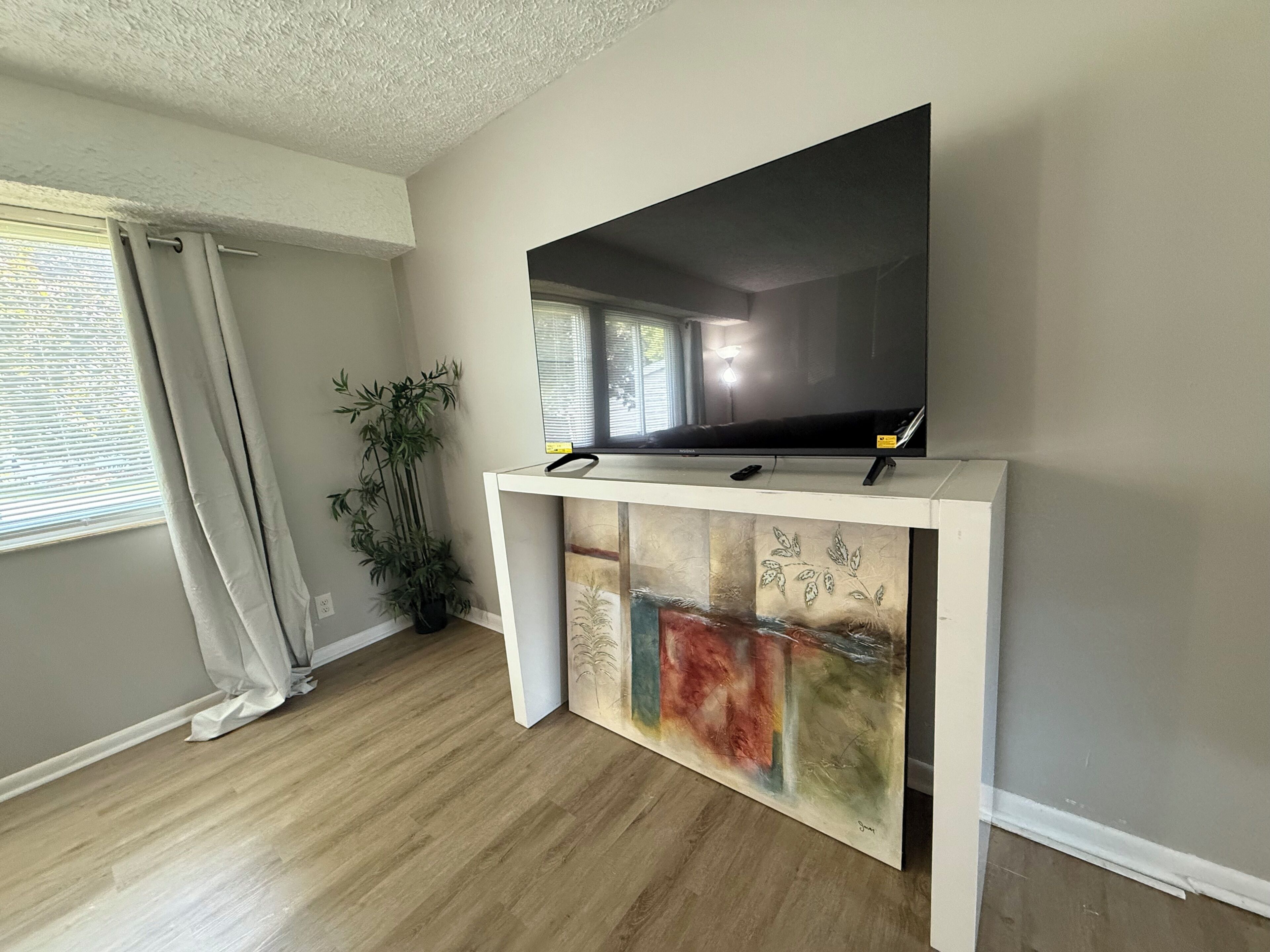 Una sala de estar con un televisor de pantalla plana sobre un mueble blanco, un cuadro abstracto grande debajo, una planta de bambú y una ventana con cortinas.