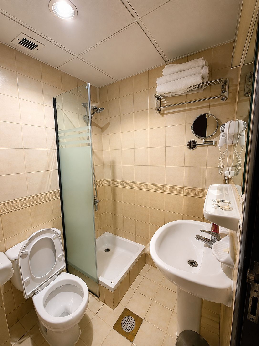 A bathroom with a toilet, a shower stall, a sink, and a towel rack.