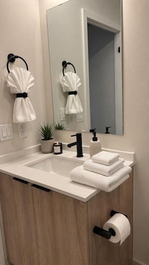 Un bagno moderno con un lavandino bianco, un rubinetto nero e uno specchio sopra. Ci sono due asciugamani appesi a porta-asciugamani neri, una piccola pianta in vaso e un porta rotolo di carta igienica.