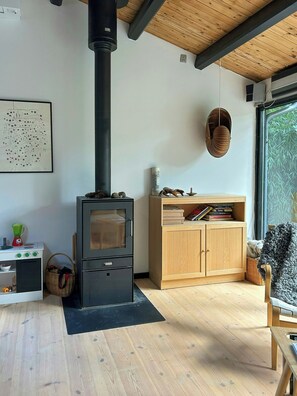 A modern living room with a wood-burning stove, a bookshelf, and a large window. - Idyll on natural plot near beach in Odsherred (Vig)