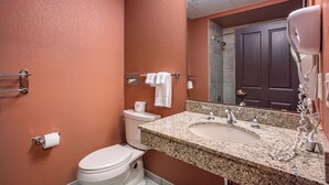 Un baño con inodoro, lavamanos, toallero y espejo.
