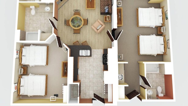 Distribución de una habitación de hotel con cama, zona de estar y baño.