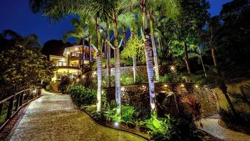 A nighttime view of a resort with a paved pathway leading to a building, surrounded by palm trees and tropical plants.