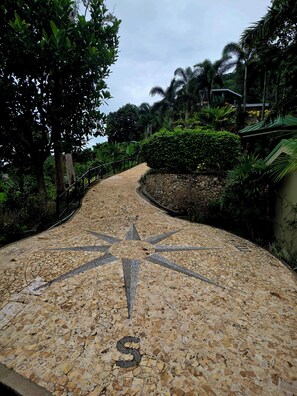 Un sendero pavimentado con un diseño de brújula, rodeado de vegetación exuberante y un muro de piedra.