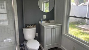 A bathroom with a toilet, sink, and mirror. - 2BR Shoreside Retreat w/ Beach Access & Interiors (Rochester)