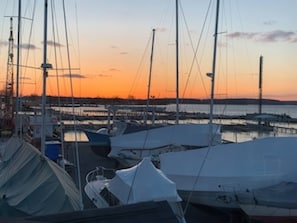 A marina with multiple boats docked, a clear sky, and a distant shoreline. - Waterfront Sodus Gem w/ Dock, Game Loft, Bay View (Sodus Point)