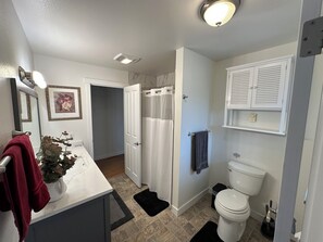 A bathroom with a toilet, shower curtain, and a sink with a towel rack. - 3 Bedroom Farmhouse with great central location and ease of travel. (Snohomish)
