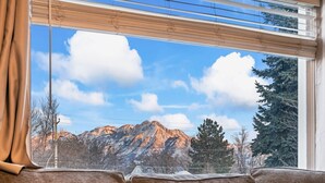 Une pièce avec vue sur les montagnes, visible à travers une fenêtre munie de stores, un canapé marron et un rideau.