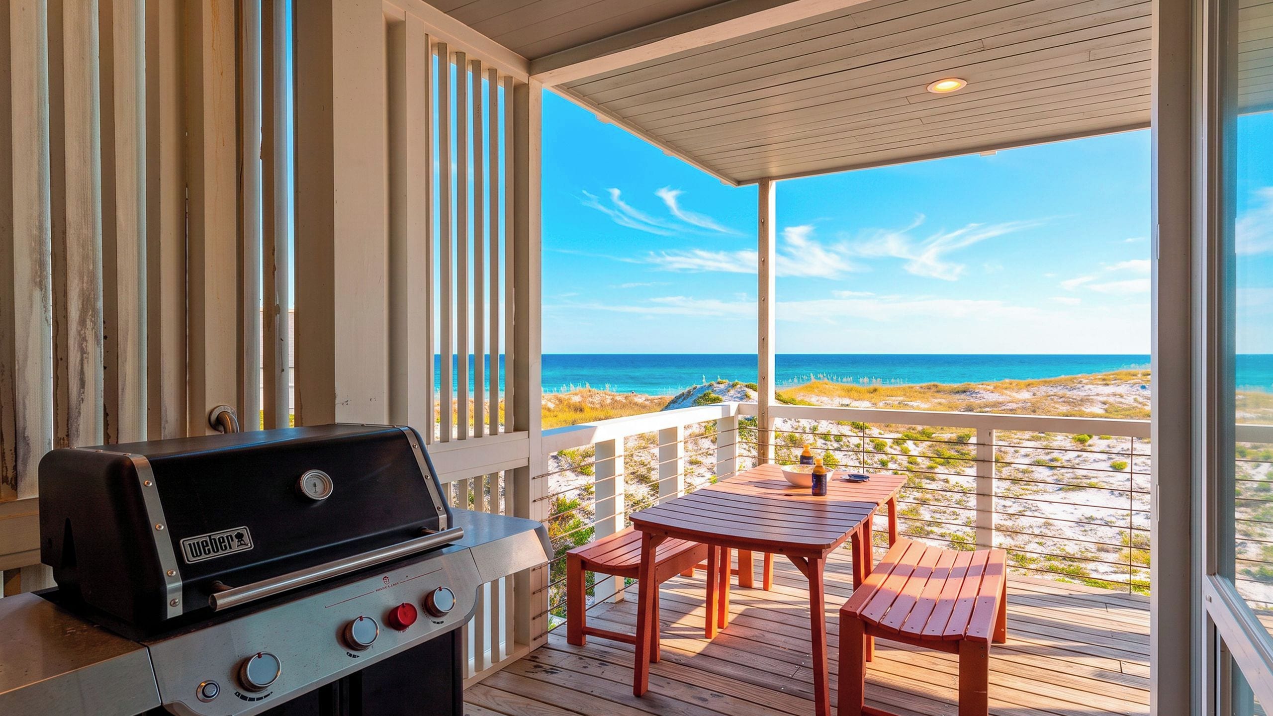 Ein überdachter Außenbereich mit Grill, Tisch und Stühlen mit Blick auf einen Strand.