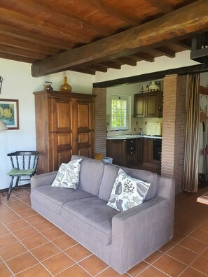 A living room with a sofa, a wooden cabinet, and a kitchen in the background. - In the Heart of Nature (Pescia)