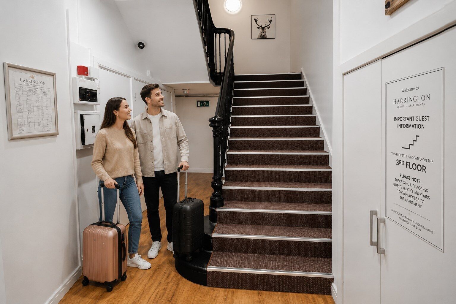 Eine Treppe zum 3. Stock. Ein Schild weist darauf hin, dass kein Aufzug vorhanden ist und die Wohnung nur über die Treppe erreichbar ist.
