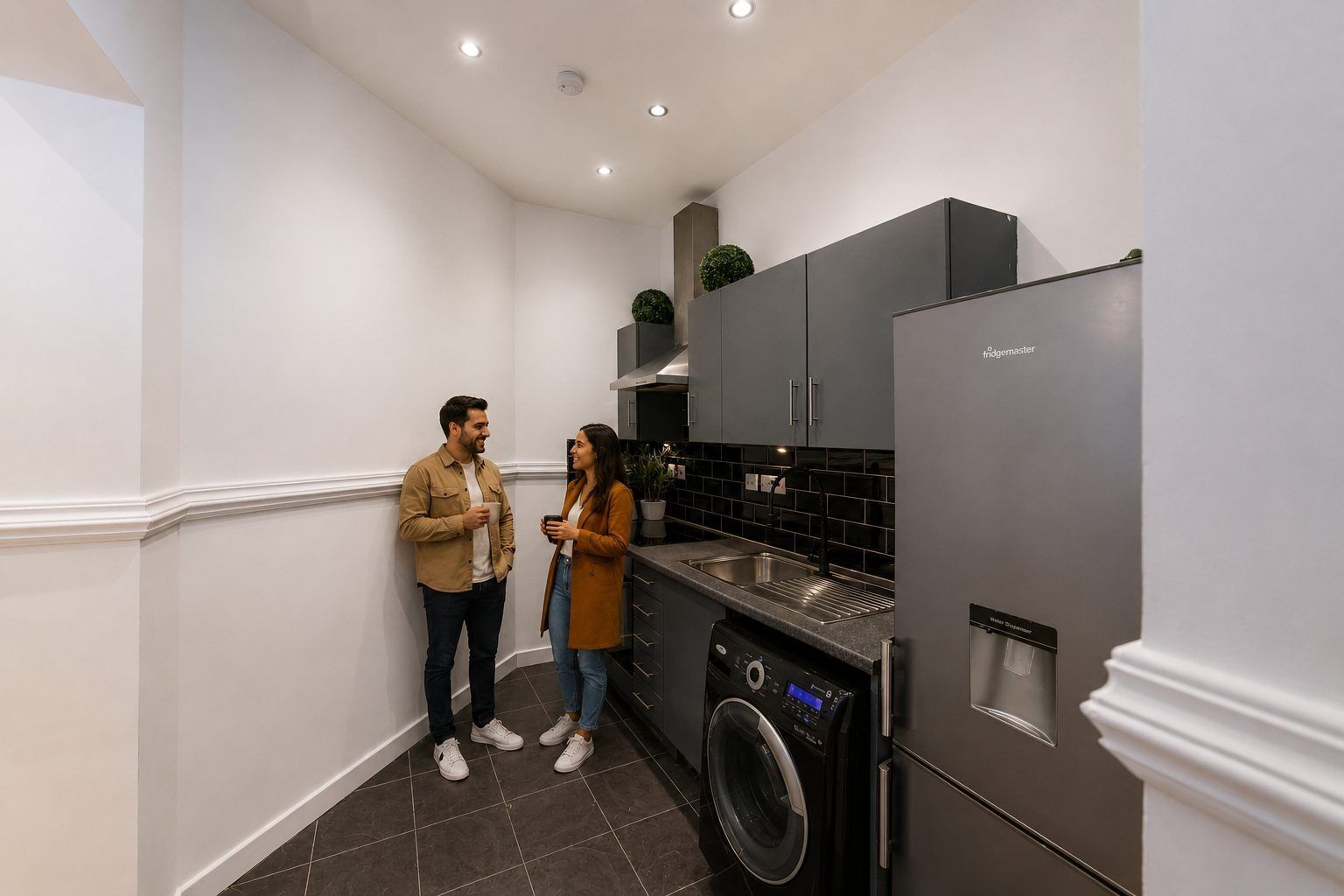 Een kleine keuken met een wasmachine, een koelkast en een spoelbak.