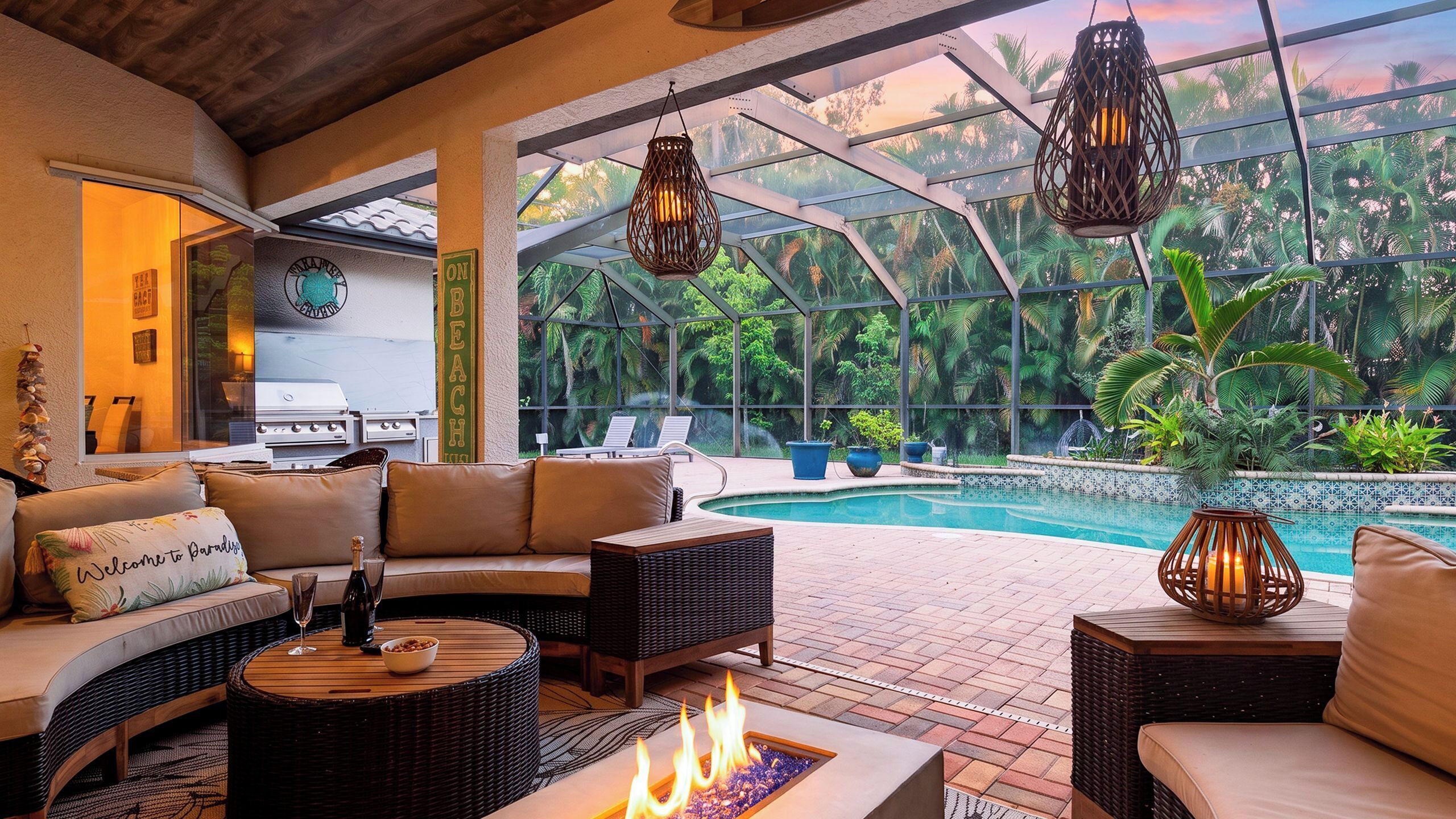 Área na piscina com sofá, espreguiçadeiras, lareira e vista para um jardim tropical.